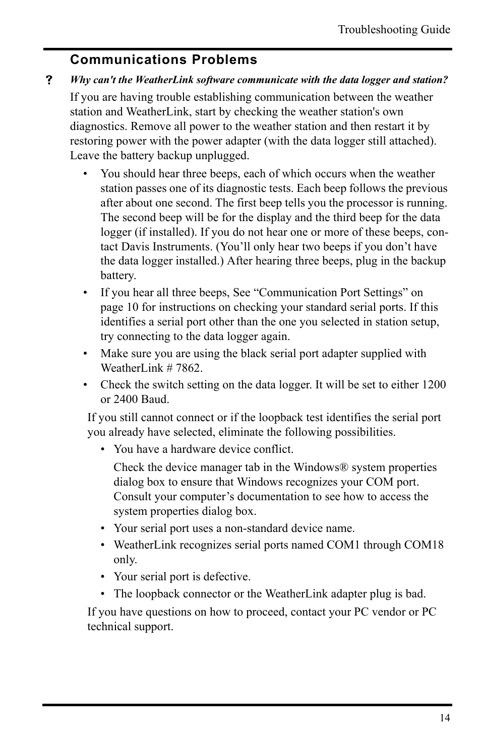 Communications problems | DAVIS WeatherLink Getting Started Guide User Manual | Page 16 / 20