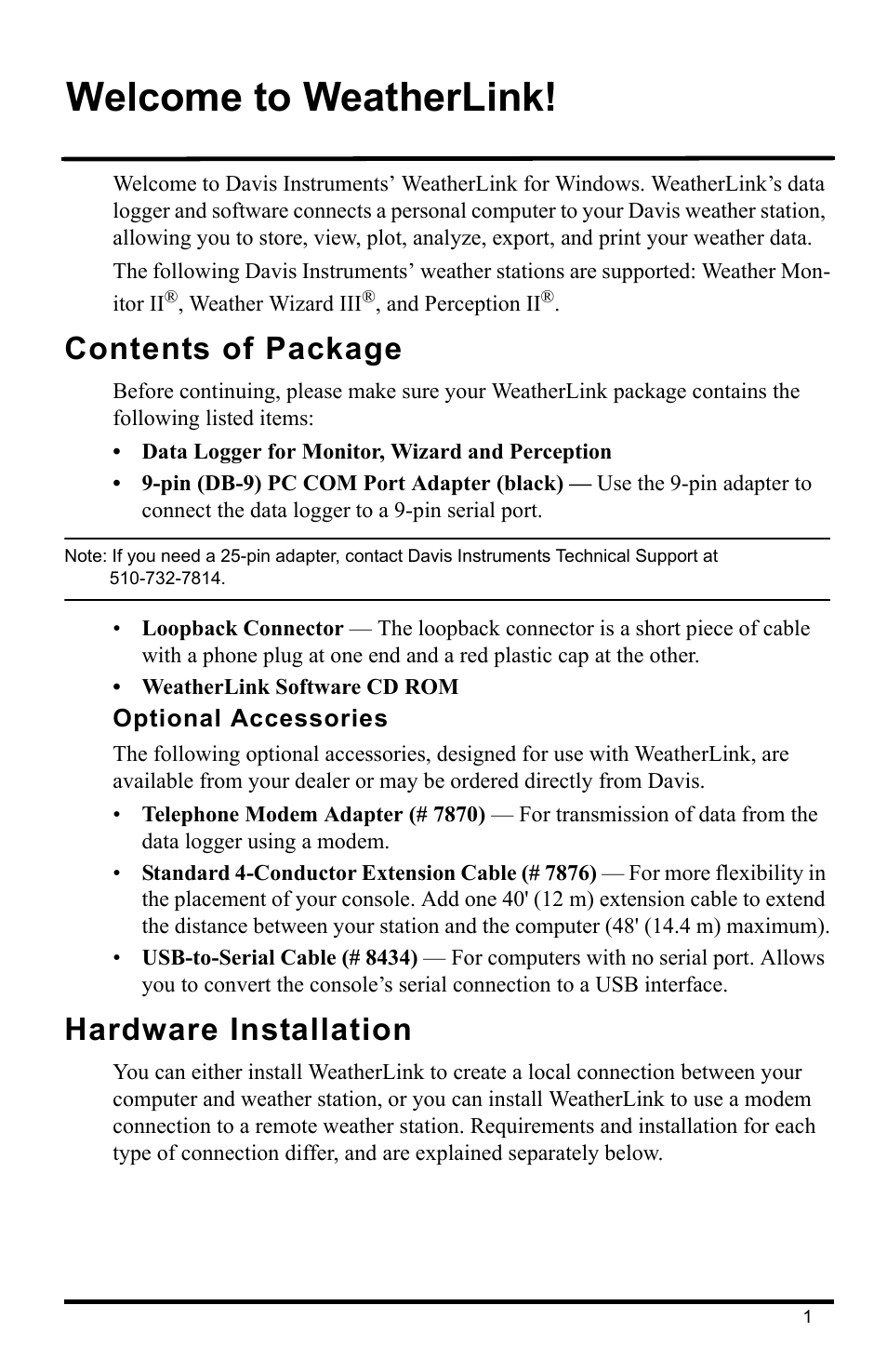 Welcome to weatherlink, Contents of package, Optional accessories | Hardware installation | DAVIS WeatherLink Getting Started Guide User Manual | Page 3 / 20