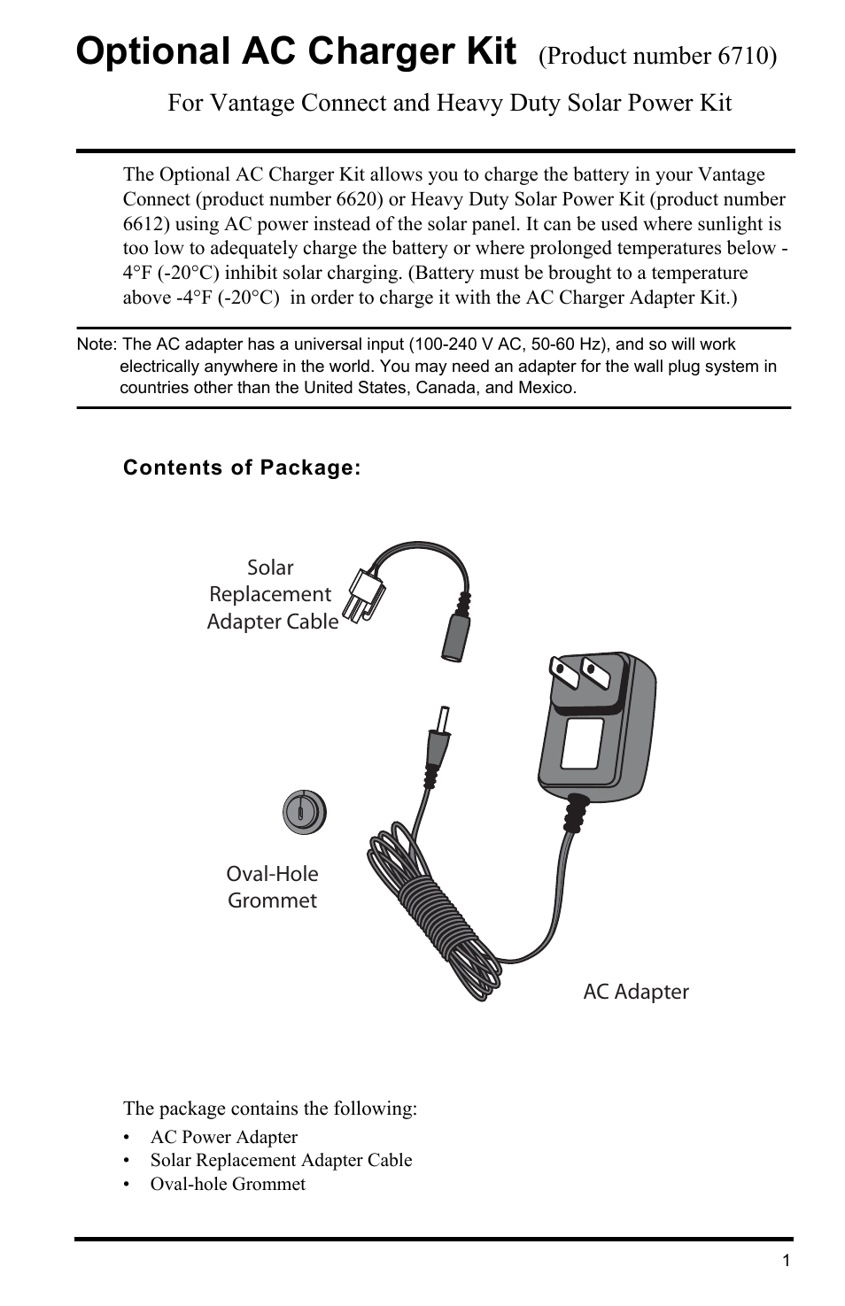 DAVIS Optional AC Charger Kit for Vantage Connect & HD Solar Power Kit (6710) User Manual | 4 pages