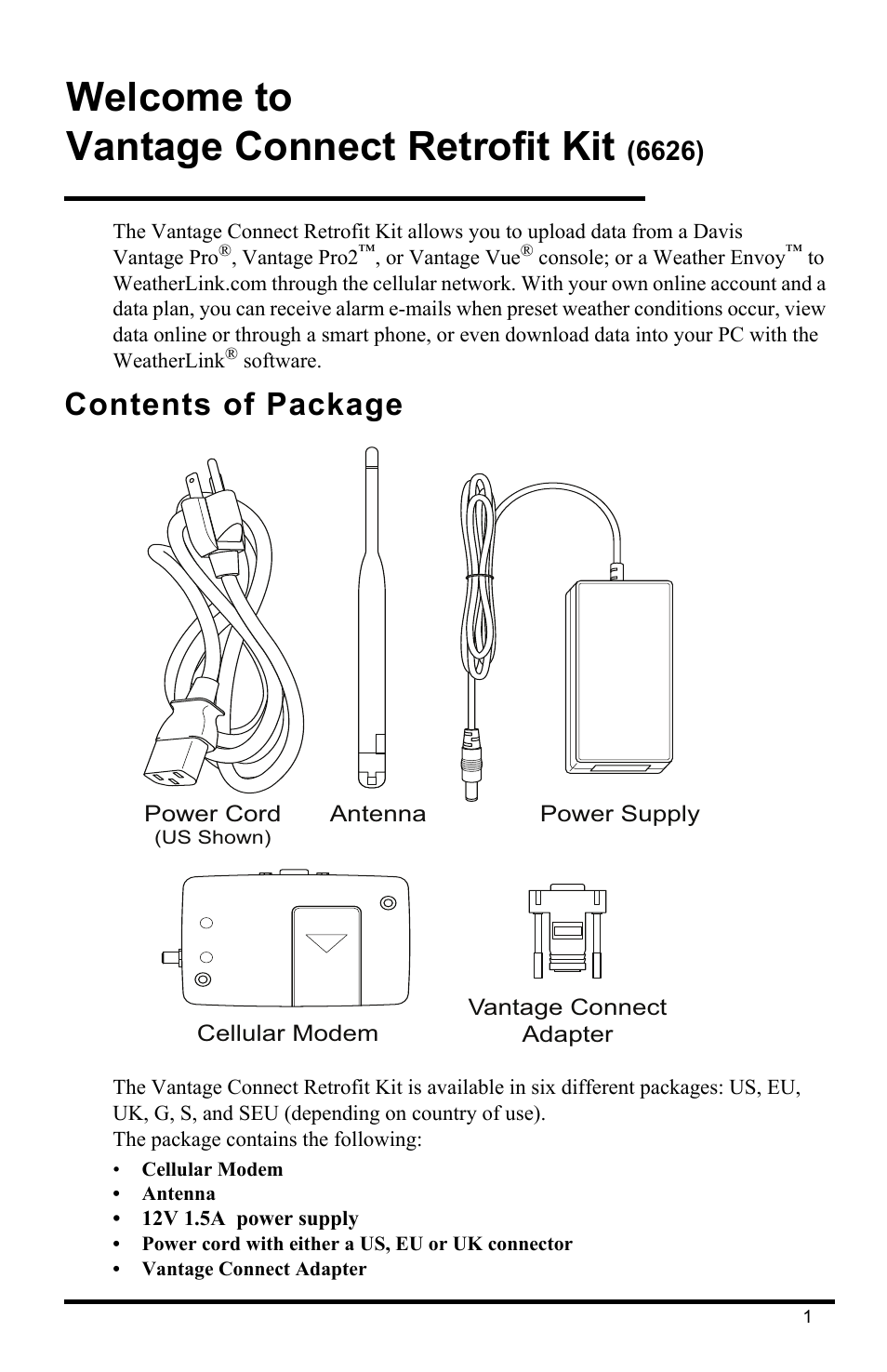 Contents of package, Welcome to vantage connect retrofit kit | DAVIS Vantage Connect Retrofit Kit (6626) User Manual | Page 3 / 12
