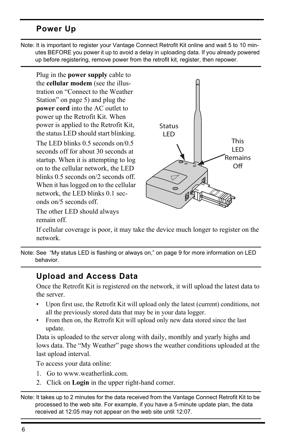 Power up, Upload and access data | DAVIS Vantage Connect Retrofit Kit (6626) User Manual | Page 8 / 12