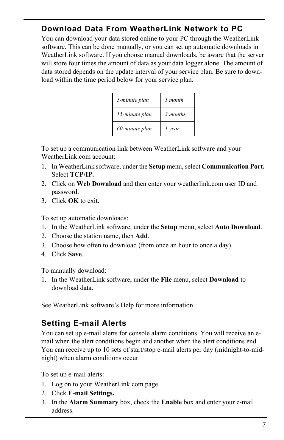 Download data from weatherlink network to pc, Setting e-mail alerts | DAVIS Vantage Connect Retrofit Kit (6626) User Manual | Page 9 / 12