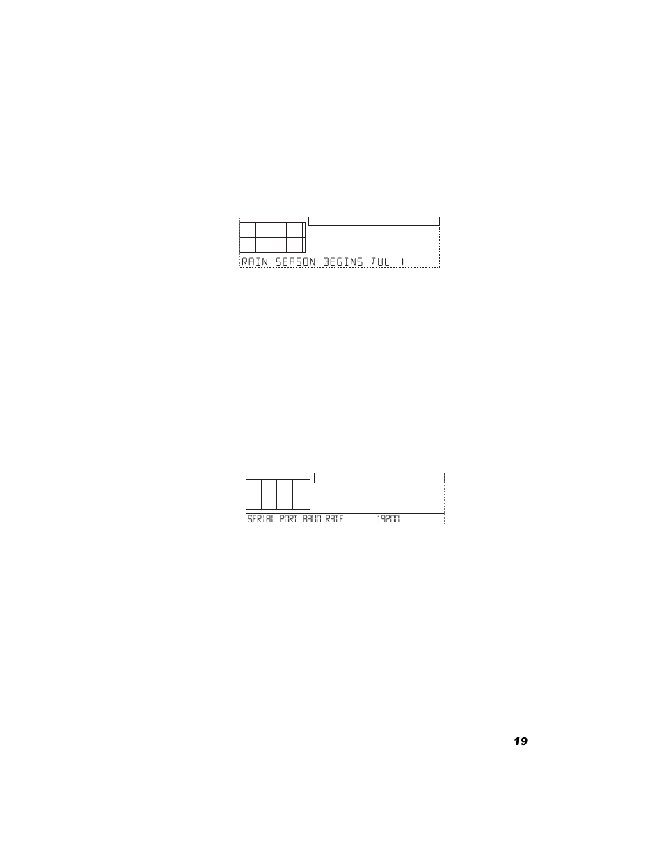 Screen 13: rain season, Screen 14: serial baud rate, Screen 13: rain season screen 14: serial baud rate | DAVIS Vantage Pro Console User Manual | Page 23 / 60