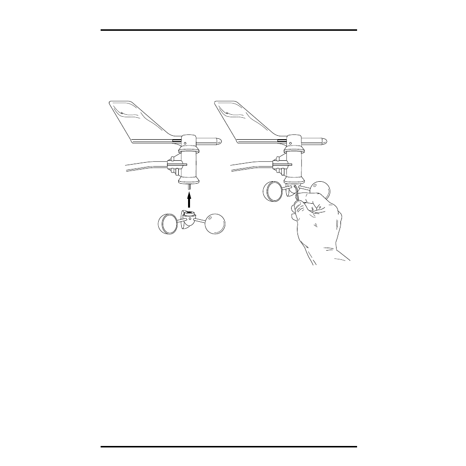 Spin the wind cups, Attaching wind cups to anemometer arm, Wind vane must be correctly oriented | Mount the anemometer so that the arm points north, Push cups onto stainless steel shaft, Tighten set screw with allen wrench | DAVIS Vantage Pro ISS, 2002 & earlier User Manual | Page 8 / 32