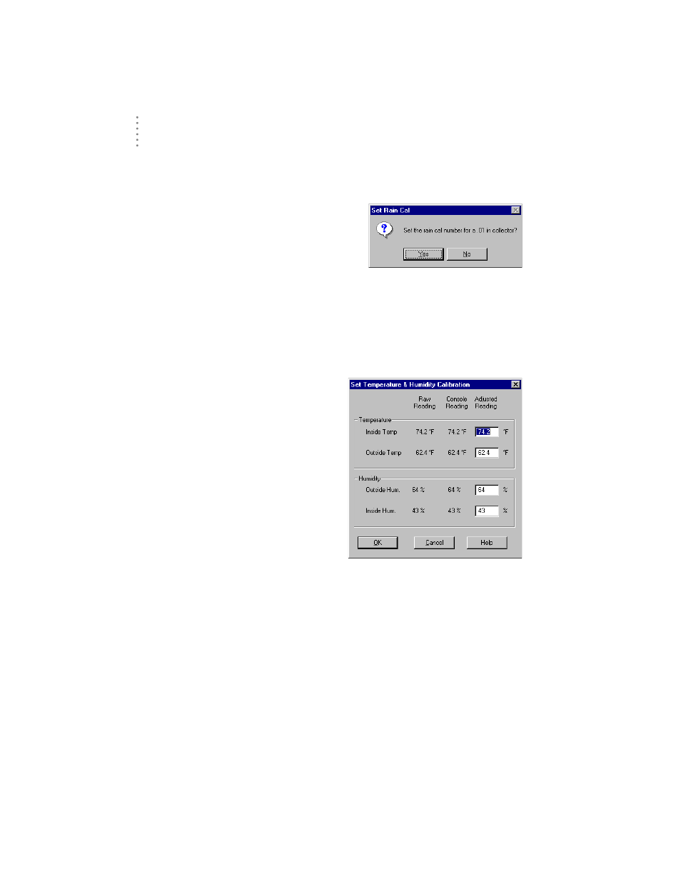 Set rain cal, Set temp & hum cal | DAVIS Weather Envoy (6314, 6314C) User Manual | Page 22 / 40