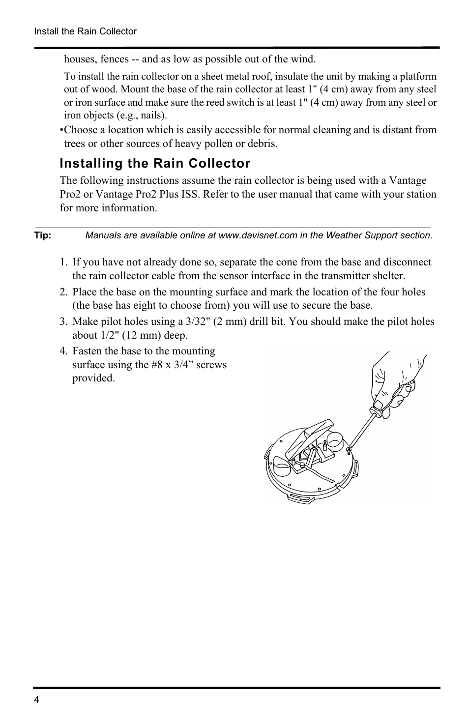 Installing the rain collector | DAVIS Rain Collector with Grip Grooves and Bird Spikes (flat base) User Manual | Page 4 / 8