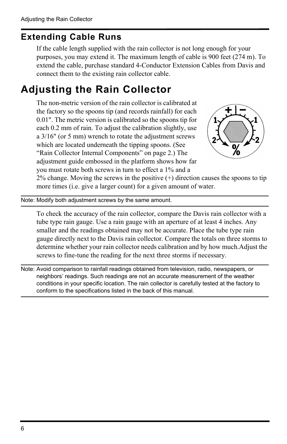 Extending cable runs, Adjusting the rain collector | DAVIS Rain Collector with Grip Grooves and Bird Spikes (flat base) User Manual | Page 6 / 8