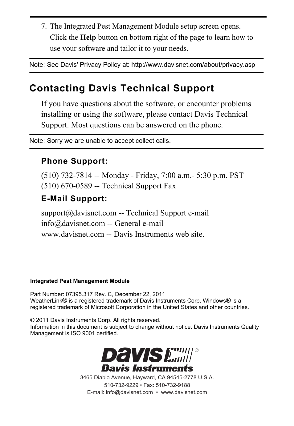 Contacting davis technical support, Phone support, E-mail support | DAVIS Integrated Pest Management Module Getting Started Guide User Manual | Page 4 / 4