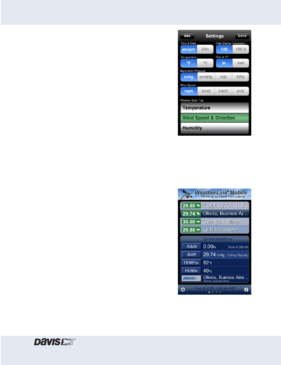 Changing settings, Refreshing data, Scan tag | DAVIS WeatherLink Application for the Apple iPhone User Manual | Page 2 / 3