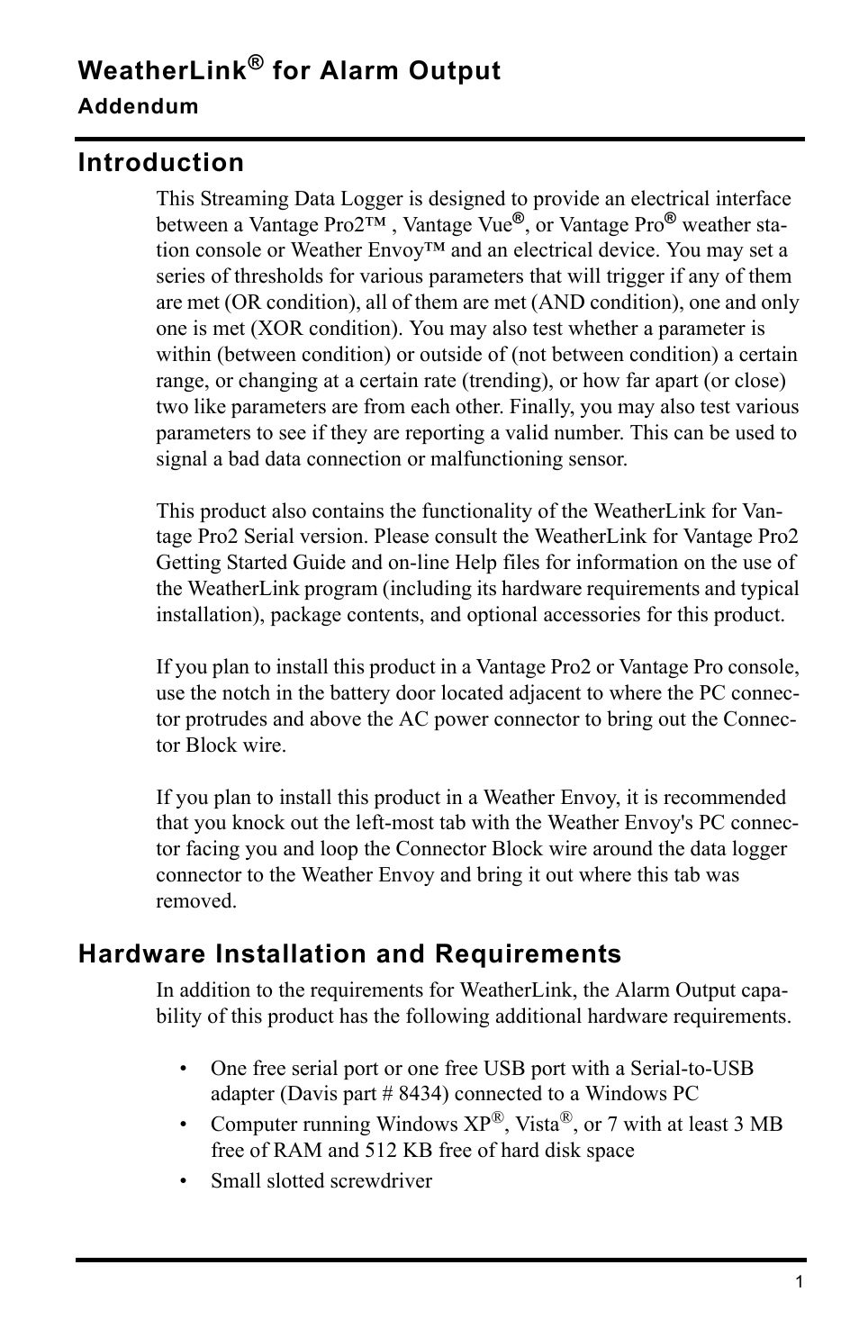 DAVIS WeatherLink for Alarm Output Add. User Manual | 16 pages
