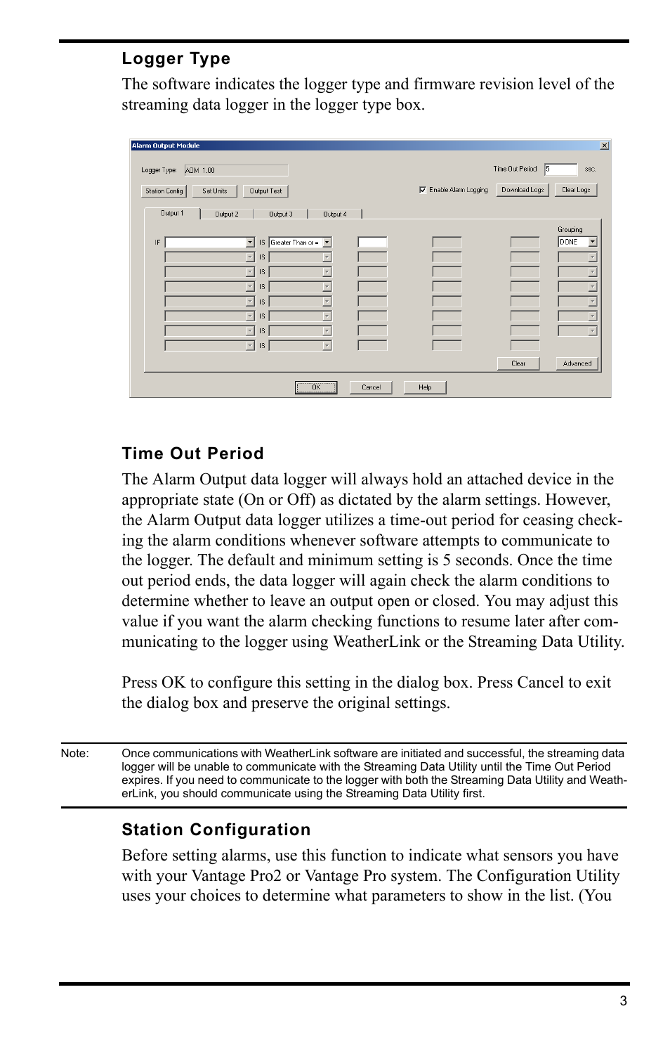 Logger type, Time out period, Station configuration | DAVIS WeatherLink for Alarm Output Add. User Manual | Page 3 / 16