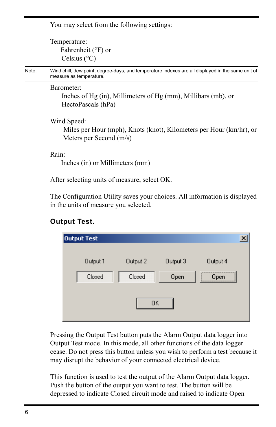 Output test | DAVIS WeatherLink for Alarm Output Add. User Manual | Page 6 / 16