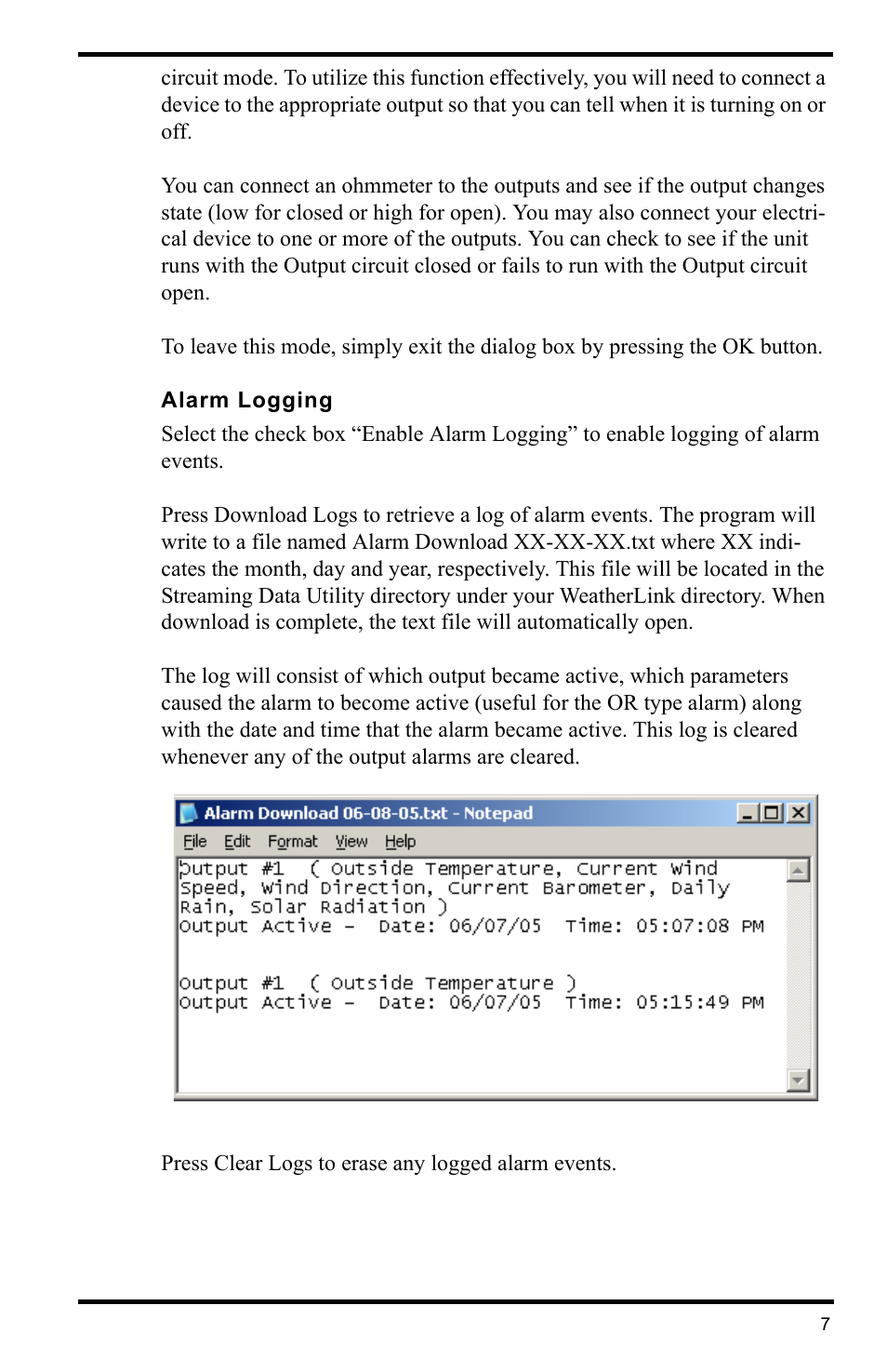 Alarm logging | DAVIS WeatherLink for Alarm Output Add. User Manual | Page 7 / 16