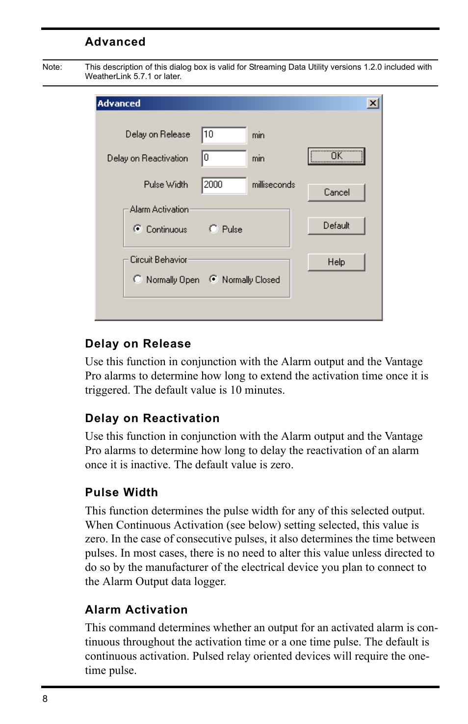 Advanced, Delay on release, Delay on reactivation | Pulse width, Alarm activation | DAVIS WeatherLink for Alarm Output Add. User Manual | Page 8 / 16