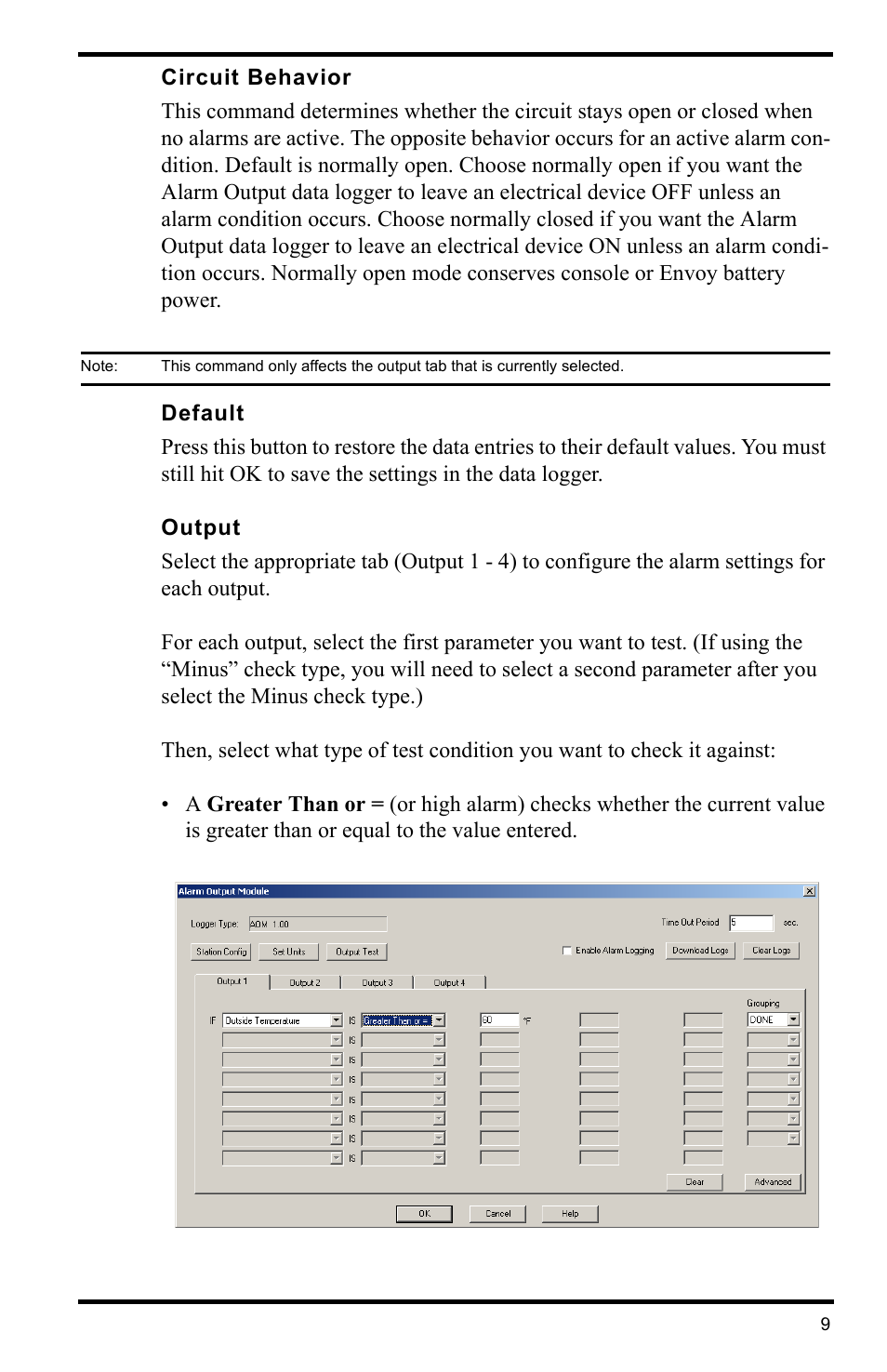 Circuit behavior, Default, Output | DAVIS WeatherLink for Alarm Output Add. User Manual | Page 9 / 16