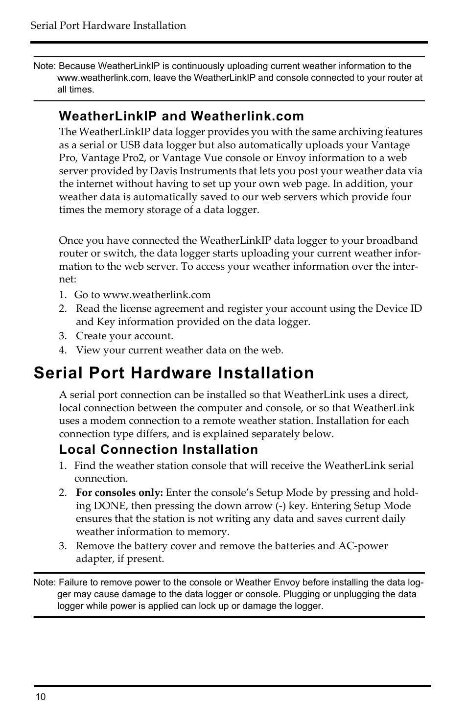 Weatherlinkip and weatherlink.com, Serial port hardware installation, Local connection installation | DAVIS WeatherLink Getting Started Guide: Vantage Stations User Manual | Page 12 / 32