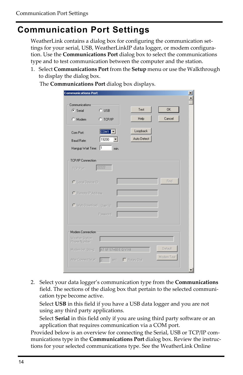 Communication port settings | DAVIS WeatherLink Getting Started Guide: Vantage Stations User Manual | Page 16 / 32