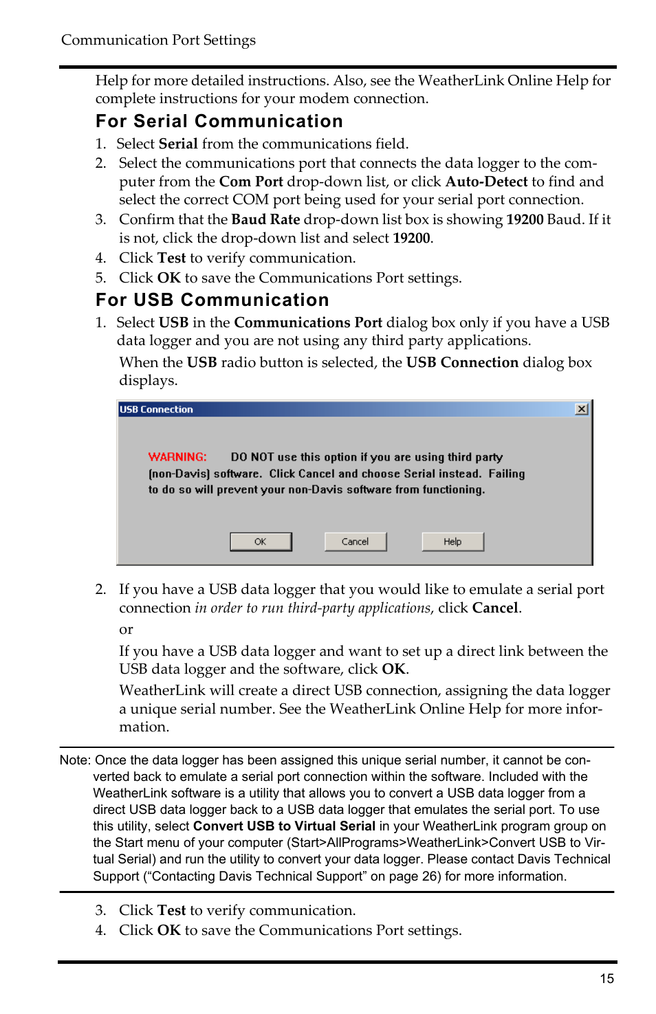 For serial communication, For usb communication | DAVIS WeatherLink Getting Started Guide: Vantage Stations User Manual | Page 17 / 32