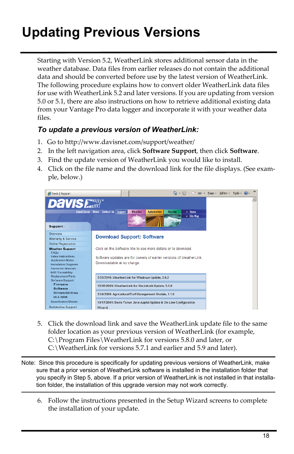 Updating previous versions | DAVIS WeatherLink Getting Started Guide: Vantage Stations User Manual | Page 20 / 32