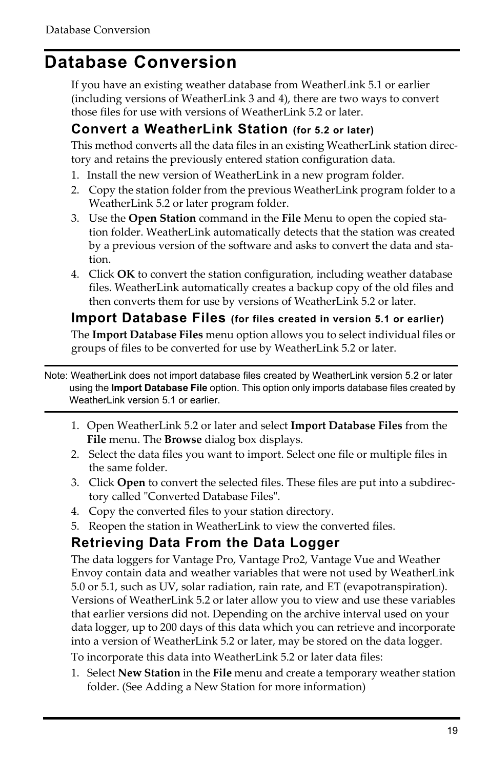 Database conversion, Convert a weatherlink station (for 5.2 or later), Retrieving data from the data logger | Convert a weatherlink station, Import database files | DAVIS WeatherLink Getting Started Guide: Vantage Stations User Manual | Page 21 / 32