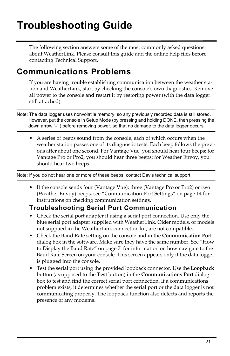 Communications problems, Troubleshooting serial port communication, Troubleshooting guide | DAVIS WeatherLink Getting Started Guide: Vantage Stations User Manual | Page 23 / 32