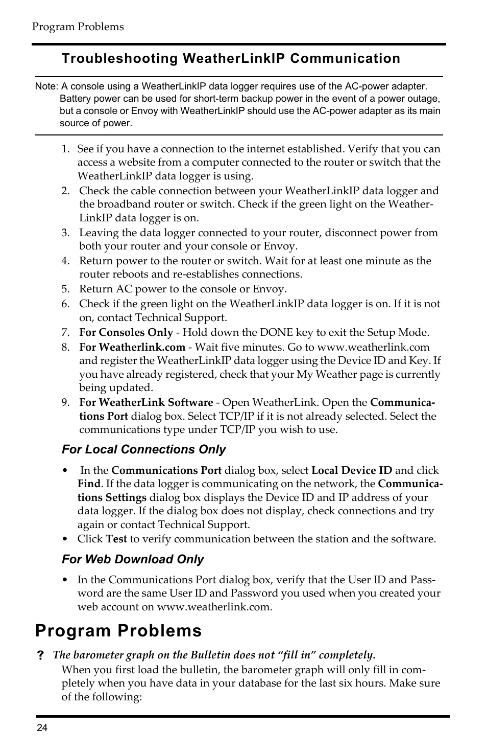 Troubleshooting weatherlinkip communication, Program problems | DAVIS WeatherLink Getting Started Guide: Vantage Stations User Manual | Page 26 / 32