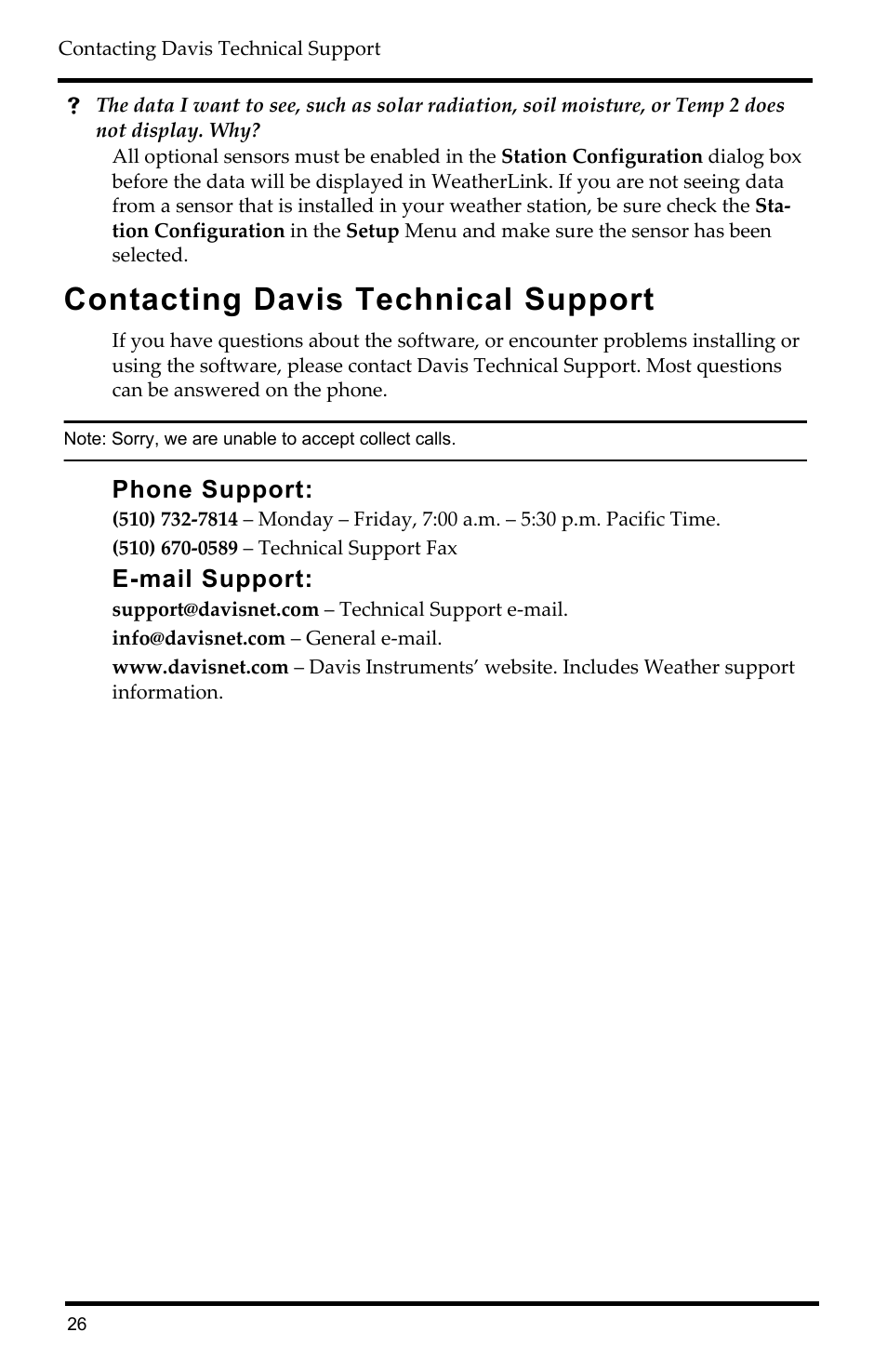 Contacting davis technical support, Phone support, E-mail support | DAVIS WeatherLink Getting Started Guide: Vantage Stations User Manual | Page 28 / 32