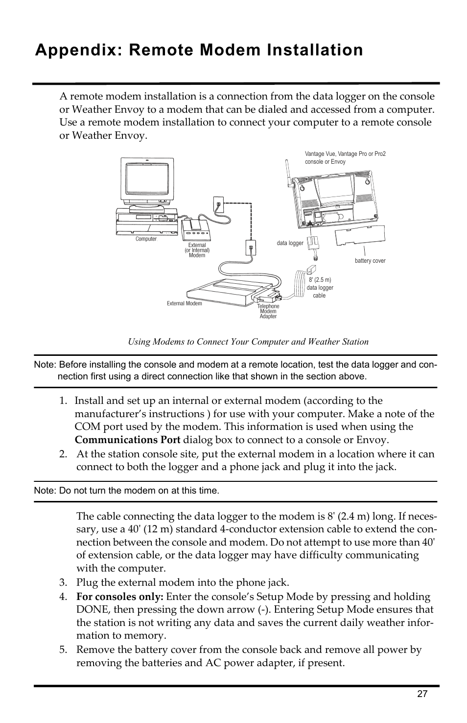 Appendix: remote modem installation | DAVIS WeatherLink Getting Started Guide: Vantage Stations User Manual | Page 29 / 32