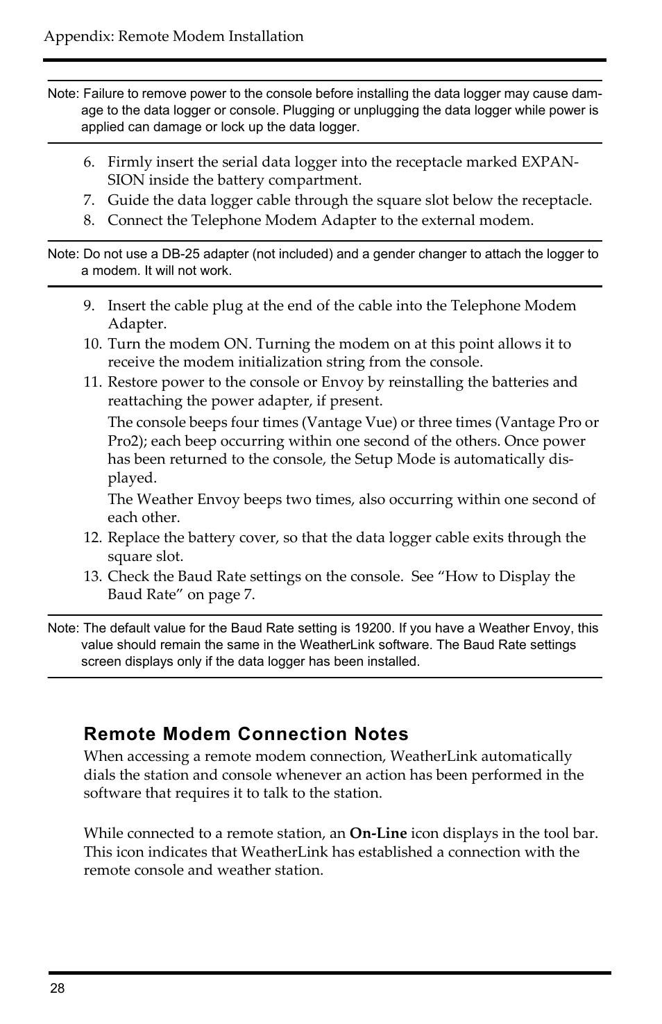 Remote modem connection notes | DAVIS WeatherLink Getting Started Guide: Vantage Stations User Manual | Page 30 / 32