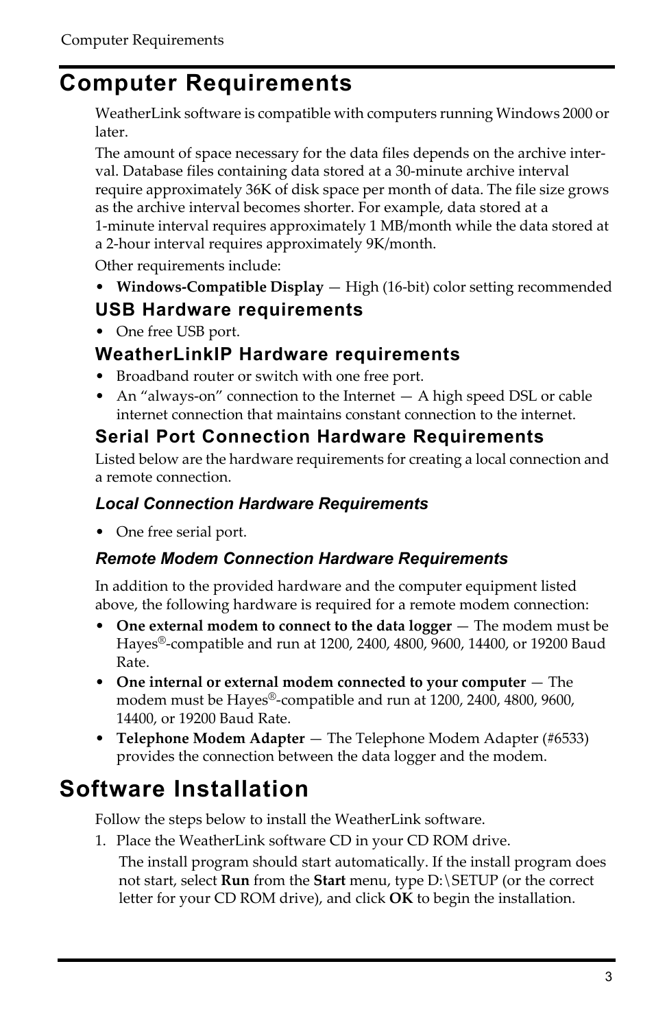 Computer requirements, Usb hardware requirements, Weatherlinkip hardware requirements | Serial port connection hardware requirements, Software installation | DAVIS WeatherLink Getting Started Guide: Vantage Stations User Manual | Page 5 / 32