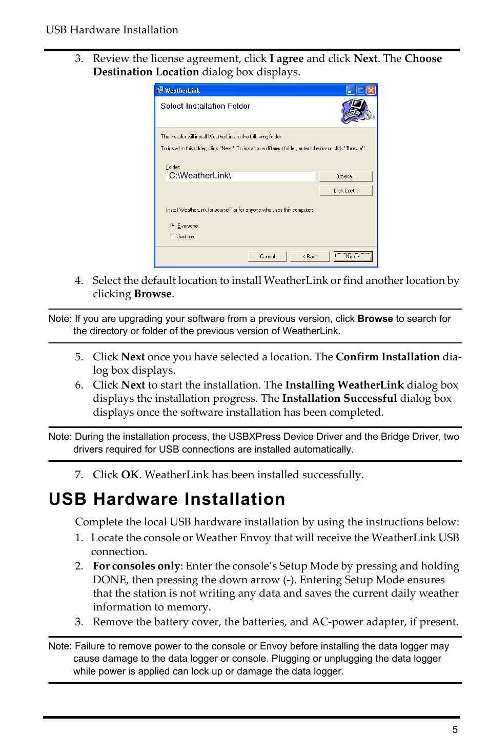 Usb hardware installation | DAVIS WeatherLink Getting Started Guide: Vantage Stations User Manual | Page 7 / 32