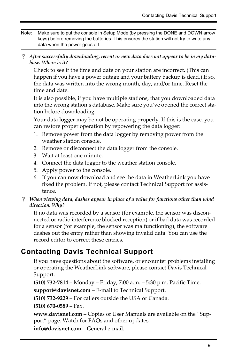 Contacting davis technical support | DAVIS WeatherLink Mac OS X Getting Started Guide User Manual | Page 11 / 12