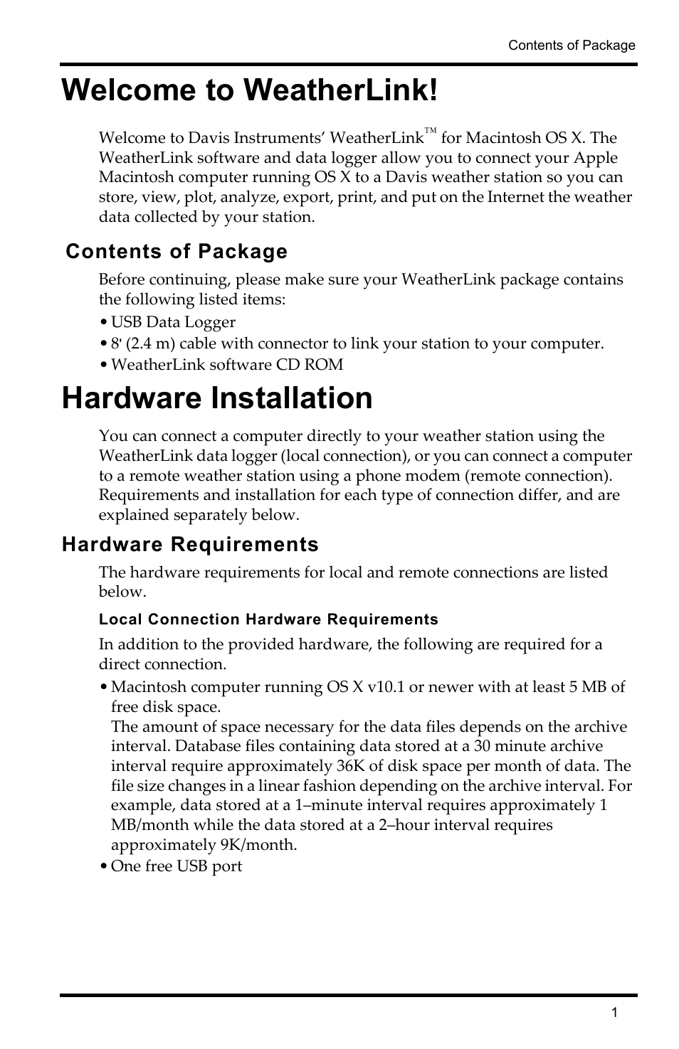 Welcome to weatherlink, Contents of package, Hardware installation | Hardware requirements, Local connection hardware requirements | DAVIS WeatherLink Mac OS X Getting Started Guide User Manual | Page 3 / 12