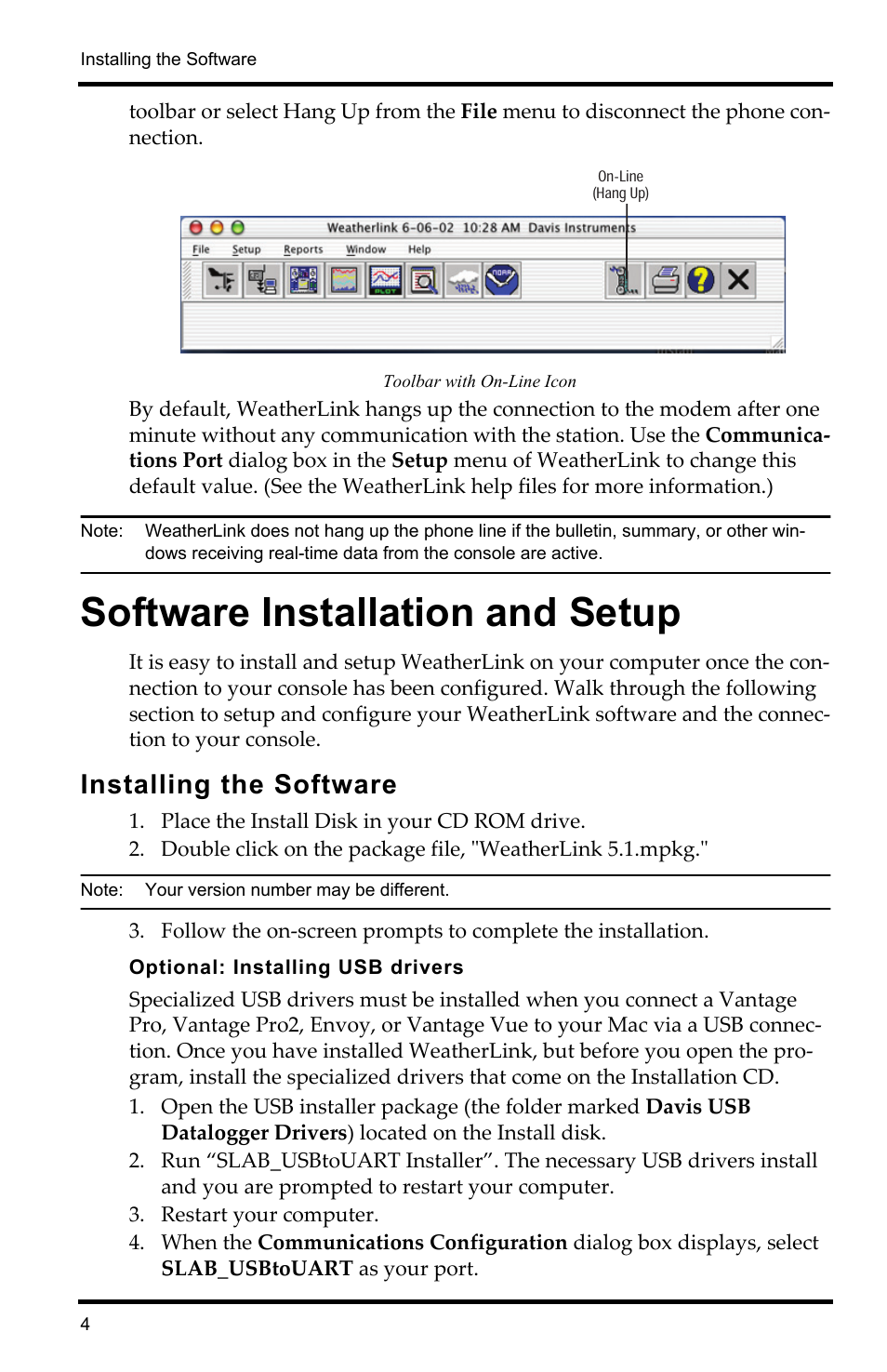 Software installation and setup, Installing the software, Optional: installing usb drivers | DAVIS WeatherLink Mac OS X Getting Started Guide User Manual | Page 6 / 12