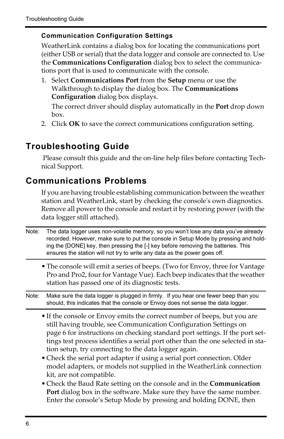 Communication configuration settings, Troubleshooting guide, Communications problems | DAVIS WeatherLink Mac OS X Getting Started Guide User Manual | Page 8 / 12