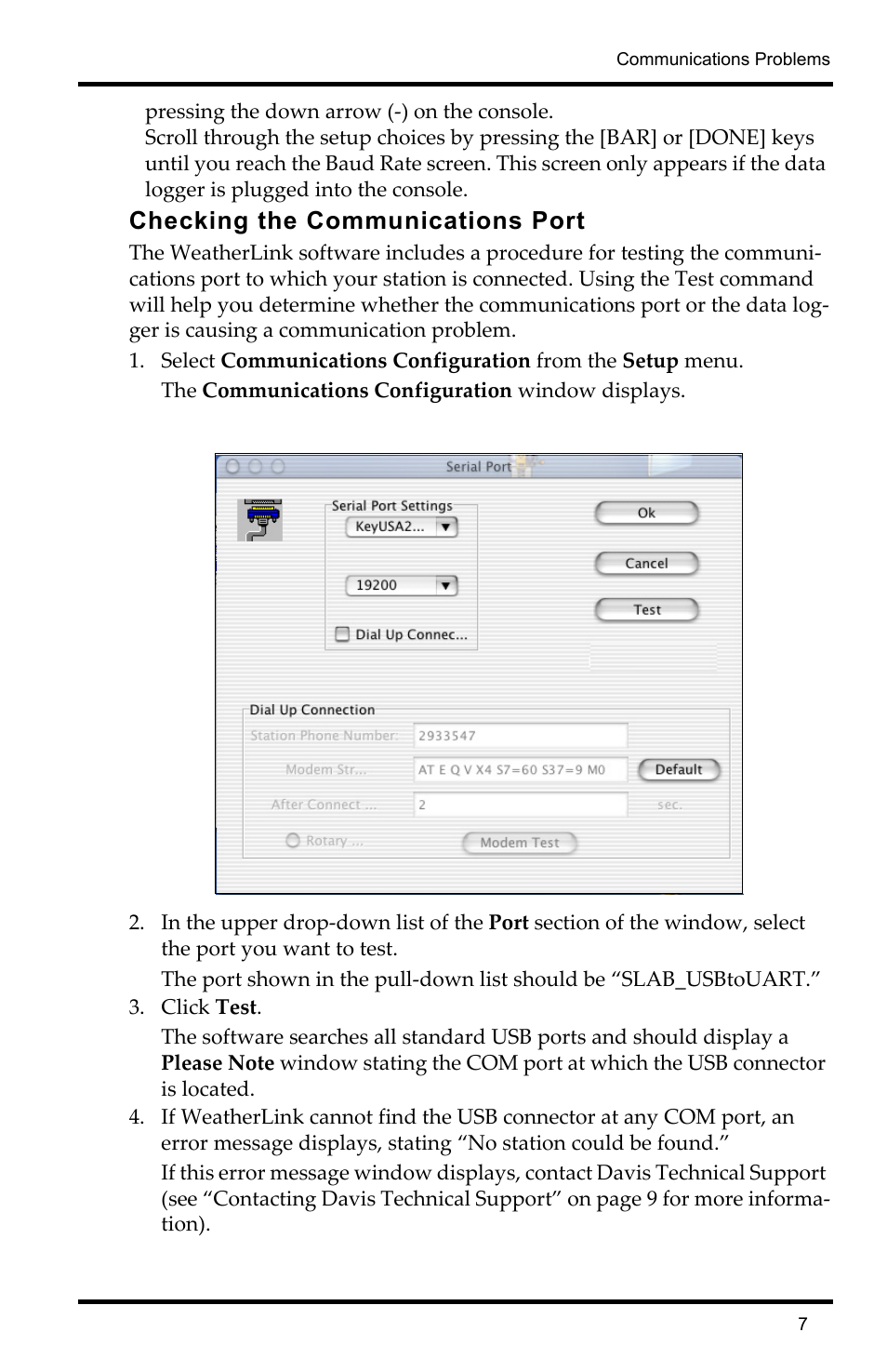 Checking the communications port | DAVIS WeatherLink Mac OS X Getting Started Guide User Manual | Page 9 / 12