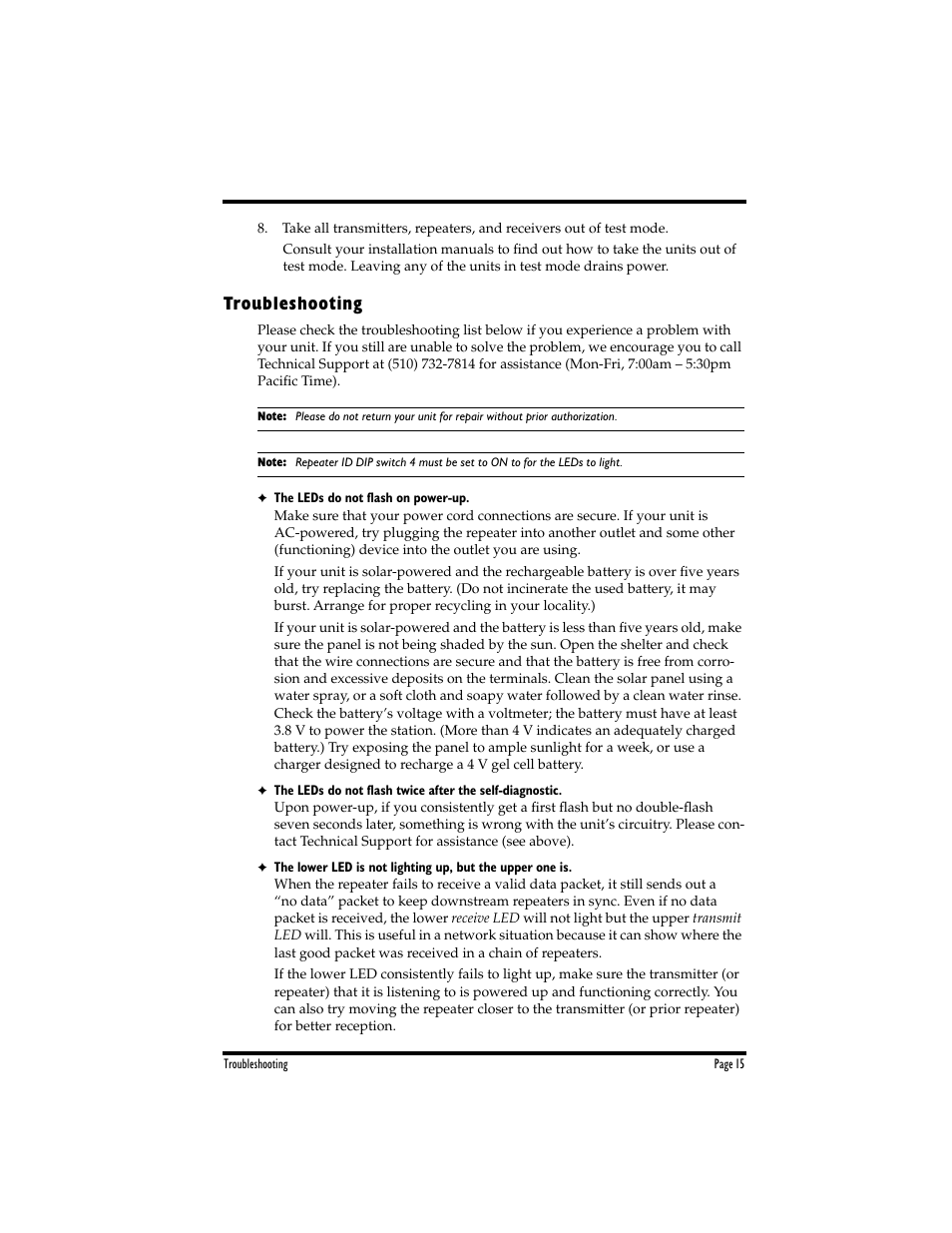 Troubleshooting | DAVIS Wireless Repeater WITH SOLAR OR AC-POWER User Manual | Page 15 / 16