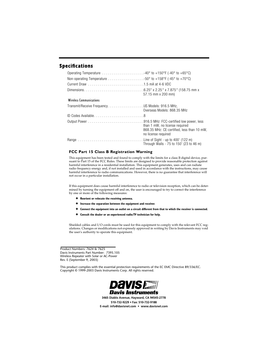 Speciﬁcations | DAVIS Wireless Repeater WITH SOLAR OR AC-POWER User Manual | Page 16 / 16