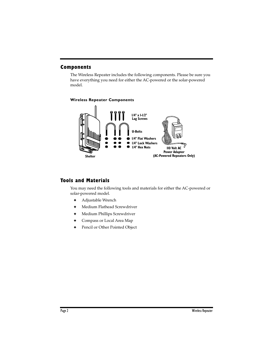 Components, Tools and materials | DAVIS Wireless Repeater WITH SOLAR OR AC-POWER User Manual | Page 2 / 16