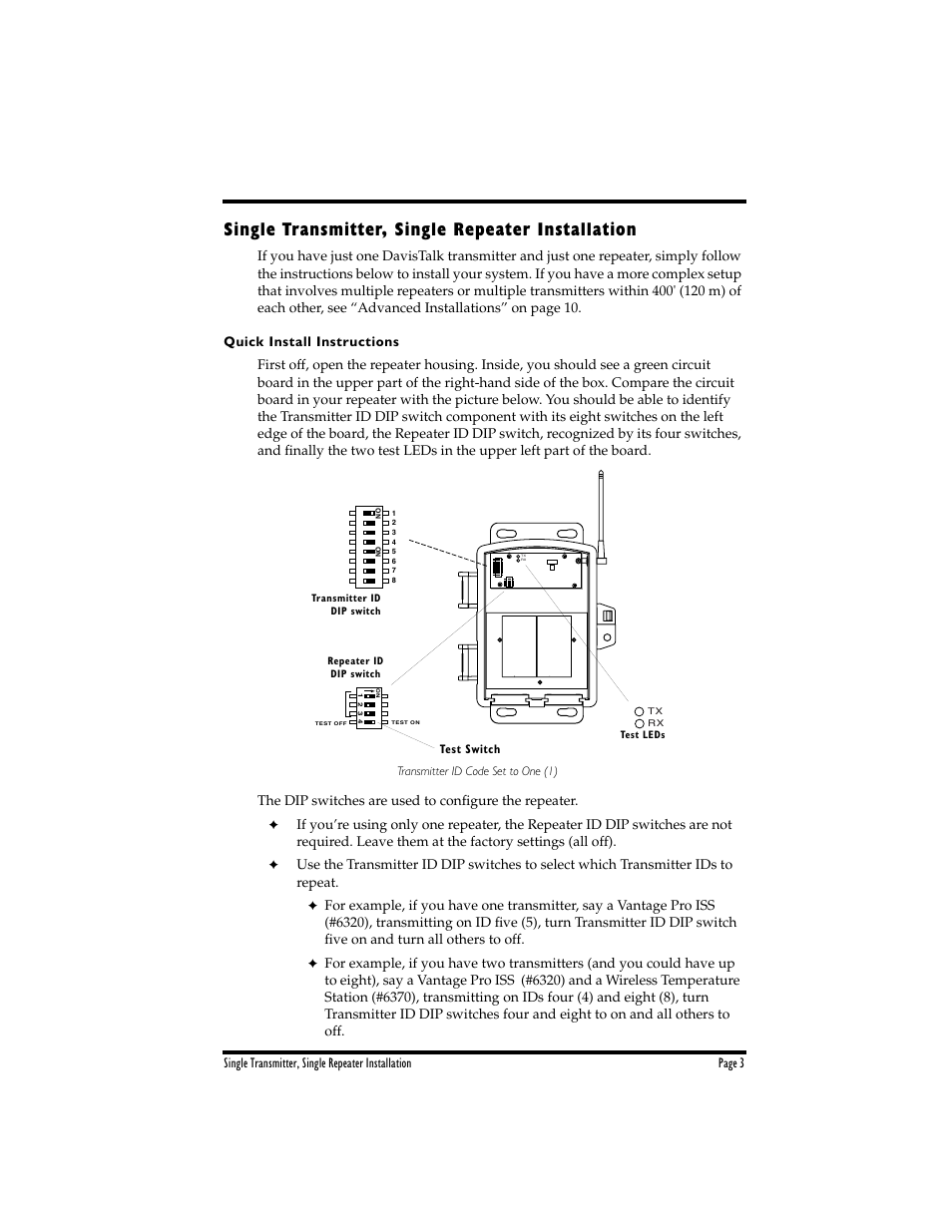Single transmitter, single repeater installation | DAVIS Wireless Repeater WITH SOLAR OR AC-POWER User Manual | Page 3 / 16