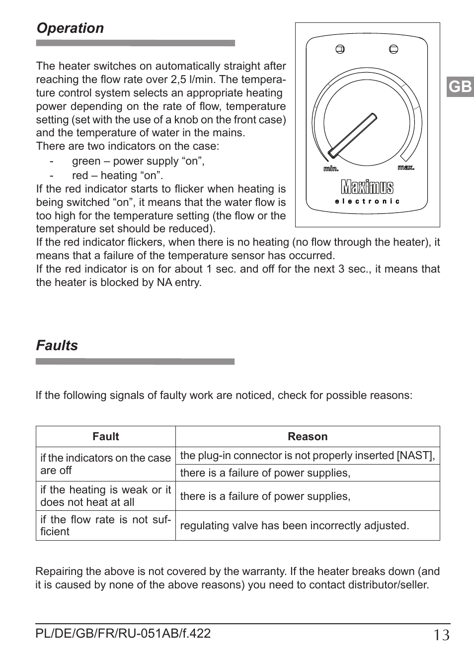 Operation, Faults | KOSPEL EPP Maximus User Manual | Page 13 / 24