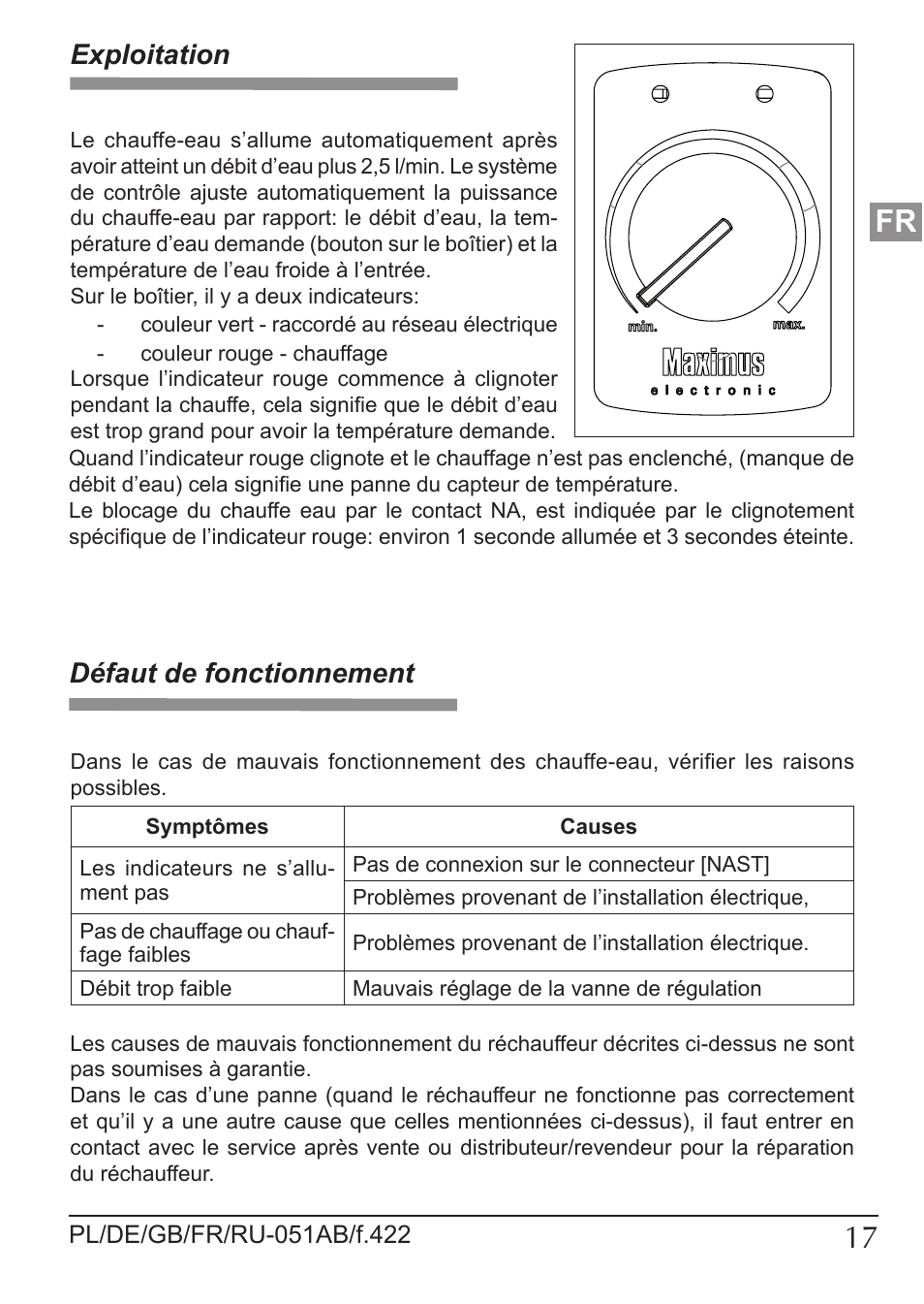 Exploitation, Défaut de fonctionnement | KOSPEL EPP Maximus User Manual | Page 17 / 24