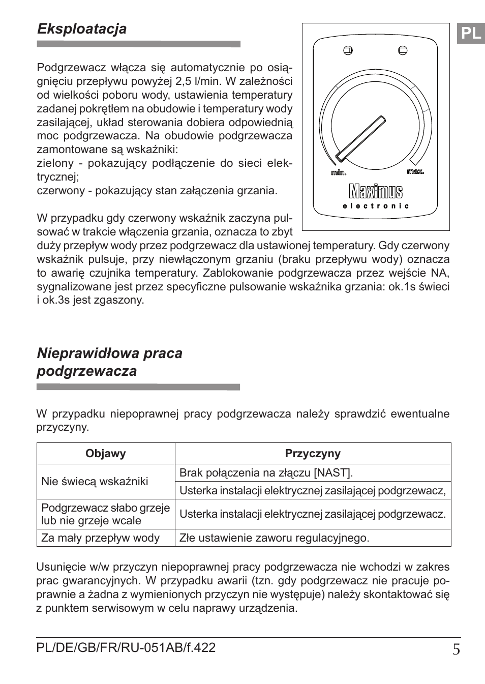 Eksploatacja, Nieprawidłowa praca podgrzewacza | KOSPEL EPP Maximus User Manual | Page 5 / 24