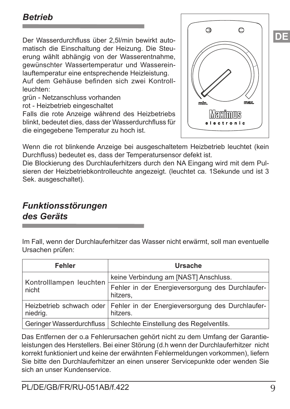 Betrieb, Funktionsstörungen des geräts | KOSPEL EPP Maximus User Manual | Page 9 / 24