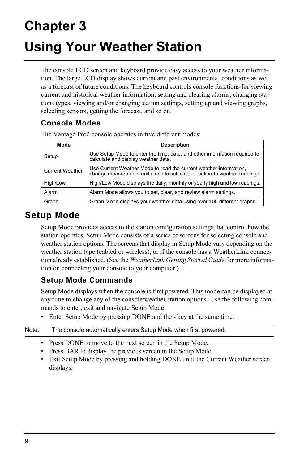 Using your weather station, Console modes, Setup mode | Setup mode commands, Chapter 3 using your weather station | DAVIS Vantage Pro2 Console User Manual | Page 12 / 56