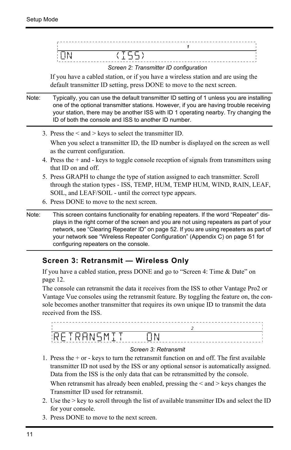 Screen 3: retransmit — wireless only | DAVIS Vantage Pro2 Console User Manual | Page 14 / 56