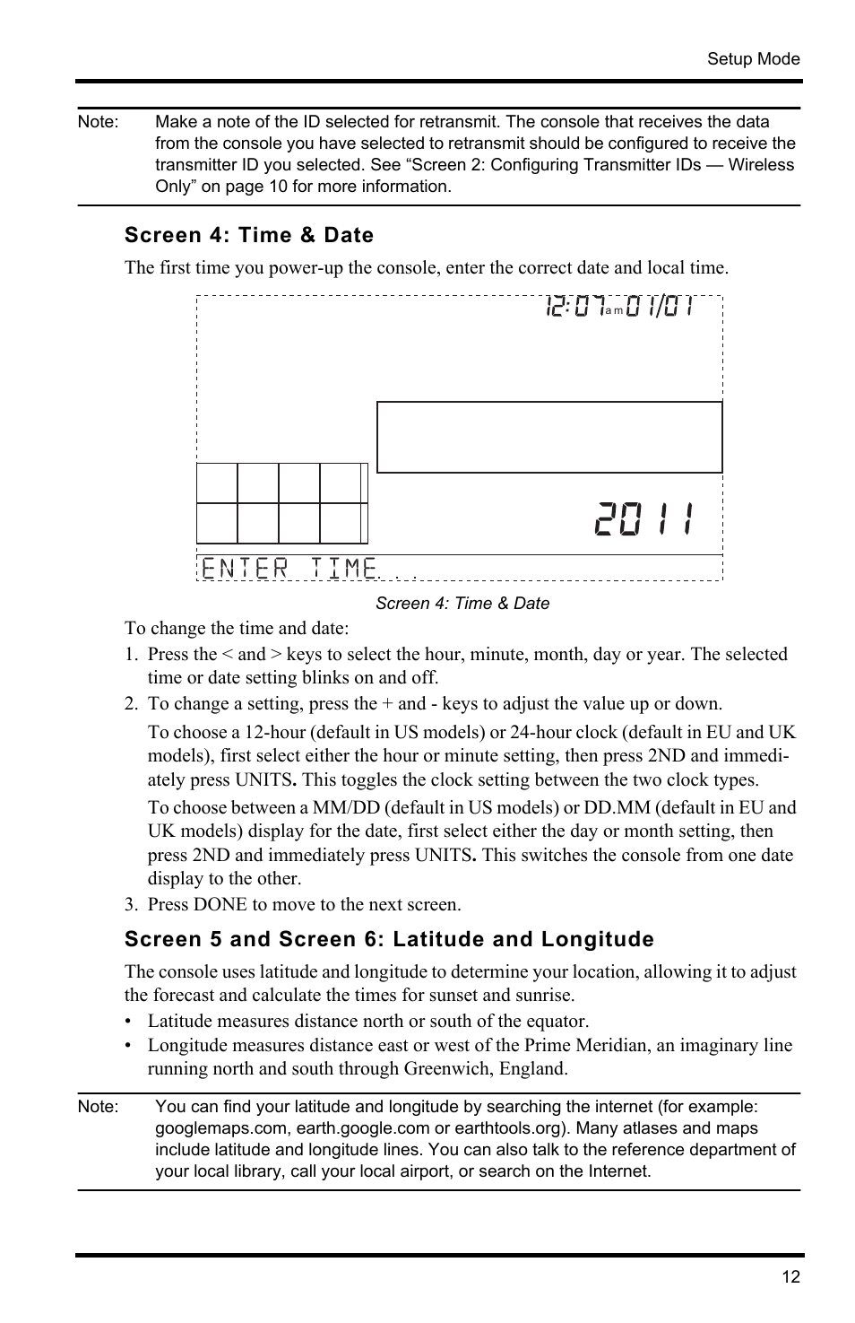 Screen 4: time & date, Screen 5 and screen 6: latitude and longitude | DAVIS Vantage Pro2 Console User Manual | Page 15 / 56