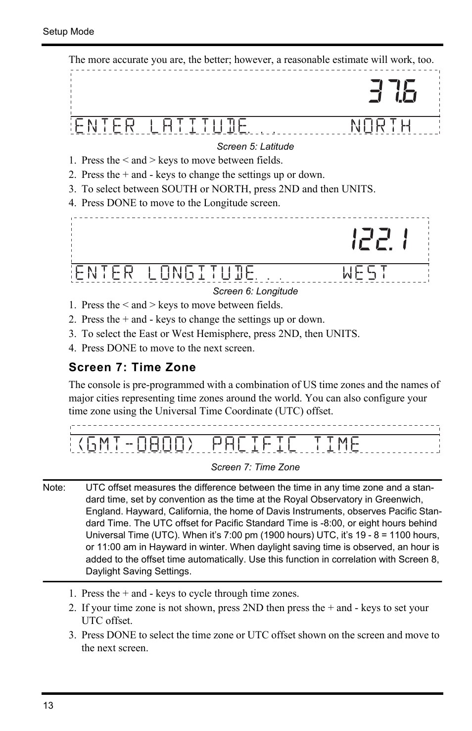 Screen 7: time zone | DAVIS Vantage Pro2 Console User Manual | Page 16 / 56