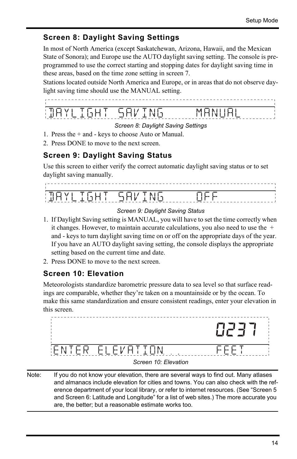Screen 8: daylight saving settings, Screen 9: daylight saving status, Screen 10: elevation | DAVIS Vantage Pro2 Console User Manual | Page 17 / 56