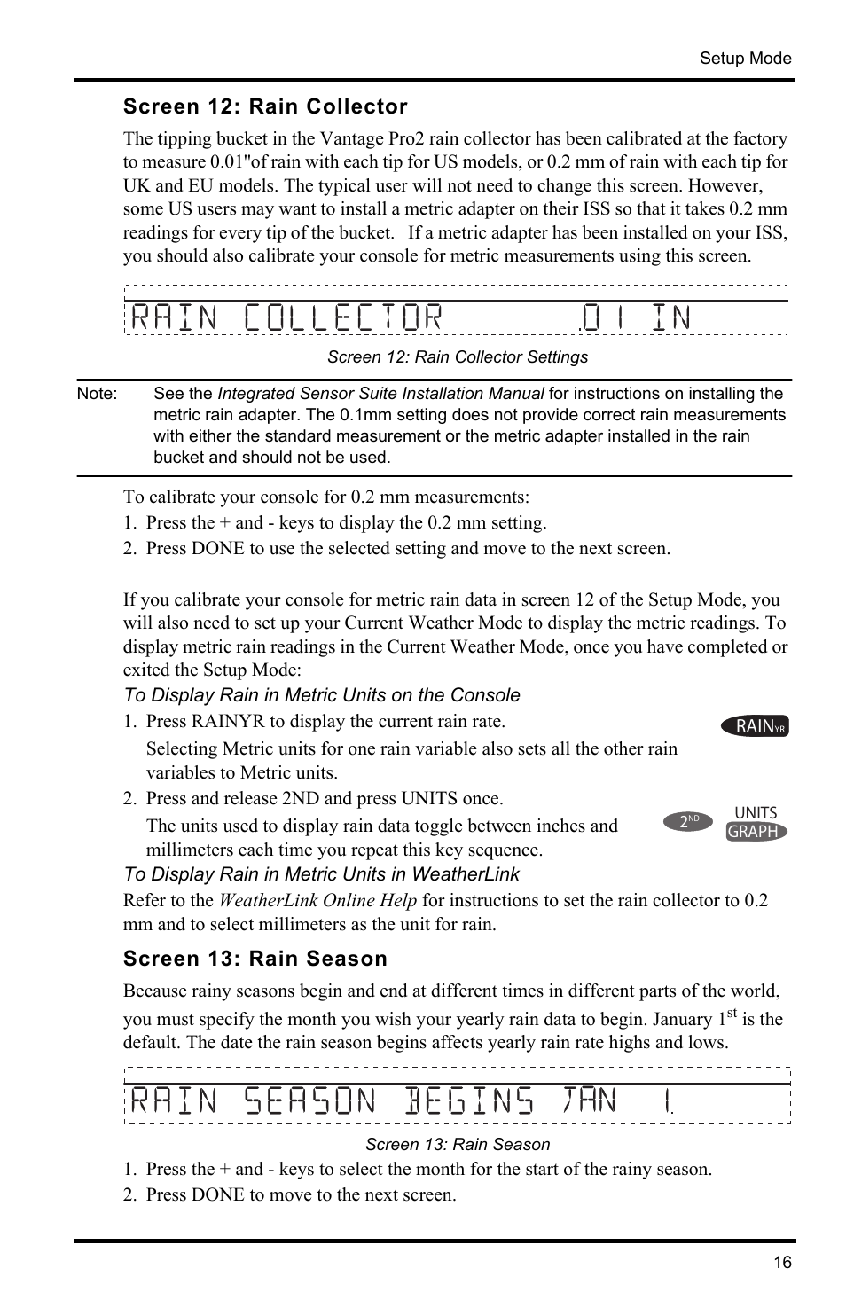 Screen 12: rain collector, Screen 13: rain season | DAVIS Vantage Pro2 Console User Manual | Page 19 / 56